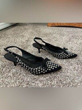 Beverly Feldman silver studded pointed toe kitten heel sling backs